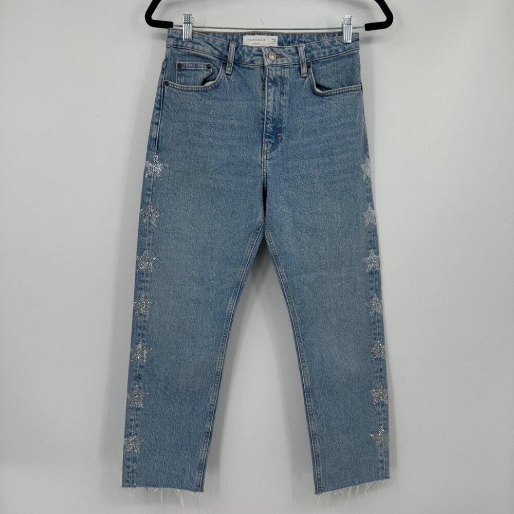 Topshop Straight Crystal Star Detail Raw Hem Jeans Sz 28